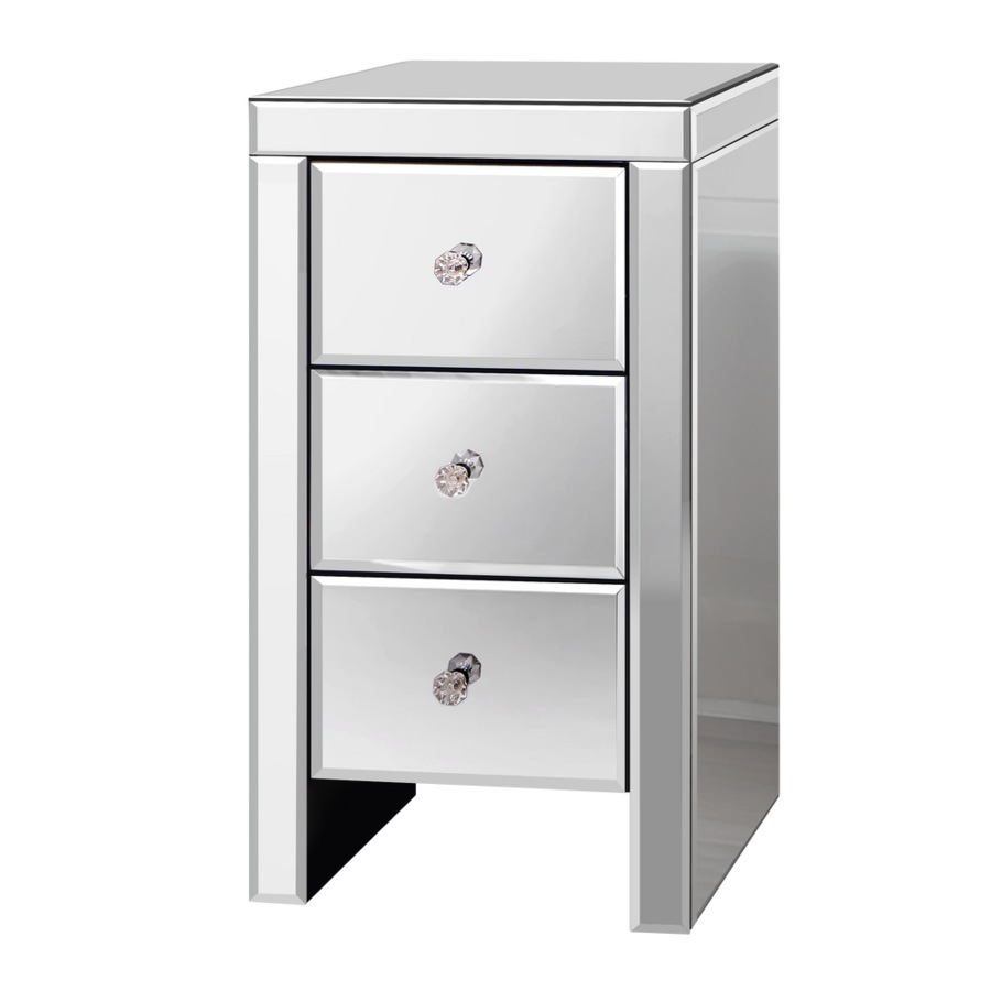 ALFORDSON Bedside Table - Ainsley 3 Drawers Luxury Mirrored Glass Nightstand (Silver)