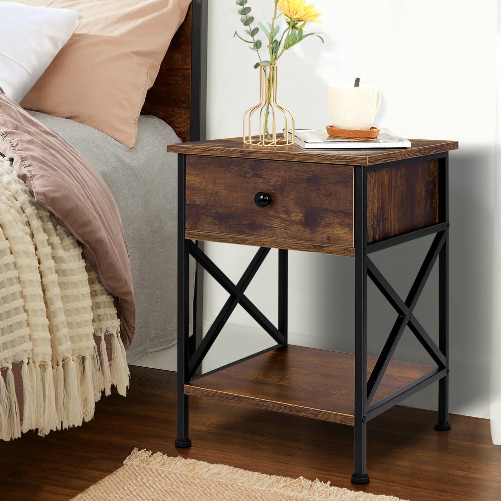 Alfordson Bedside Table Retro Wood Nightstand Vintage 1 Drawer Storage Cabinet Wooden Side Table Dark Oak
