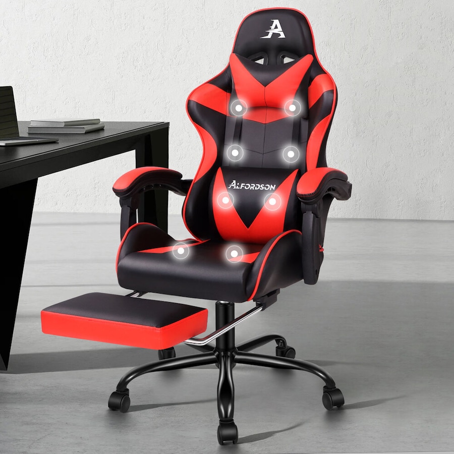 ALFORDSON Gaming Chair Office Massage Computer PU Leather Black & Red
