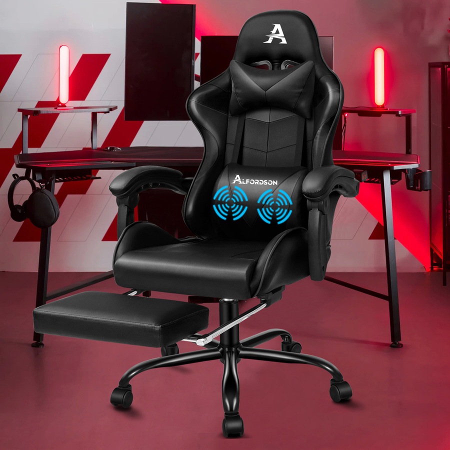 ALFORDSON Gaming Chair with Lumbar Massage Office Chair All Black