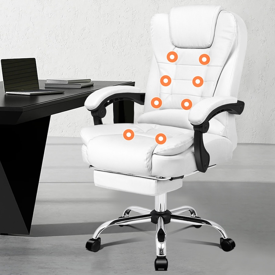 ALFORDSON 8-Point Massage Office Chair Heated Seat PU Leather White