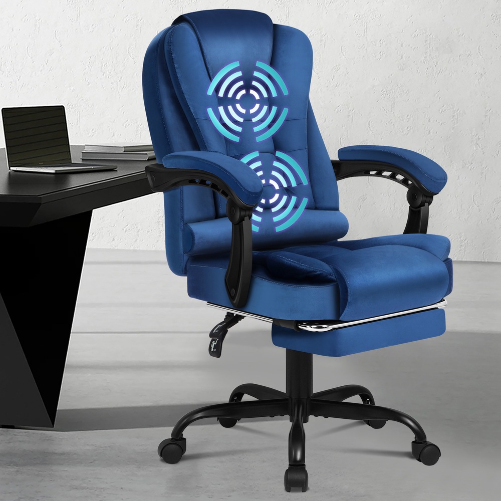 ALFORDSON Massage Office Chair with Footrest Velvet Blue