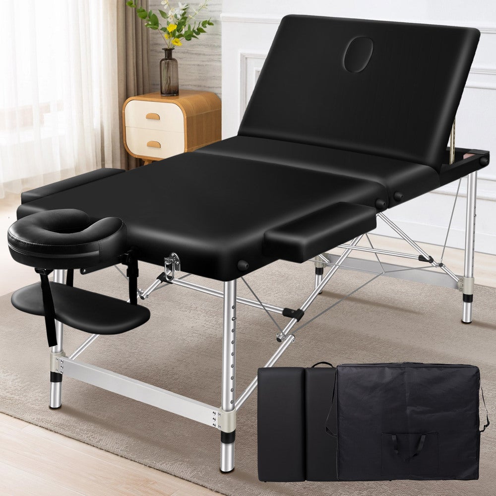 Alfordson Massage Table 3 Fold 65cm Foldable Portable Aluminium Lift Up Bed Desk Black