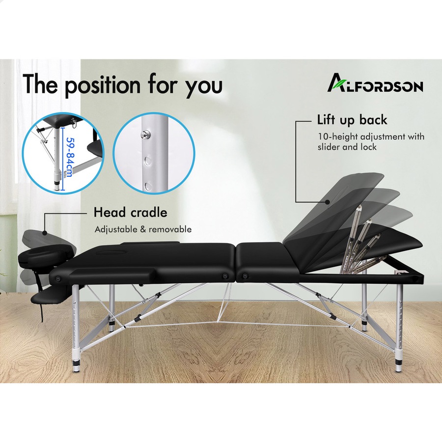 Alfordson Massage Table 3 Fold 75cm Foldable Portable Aluminium Lift Up Bed Desk