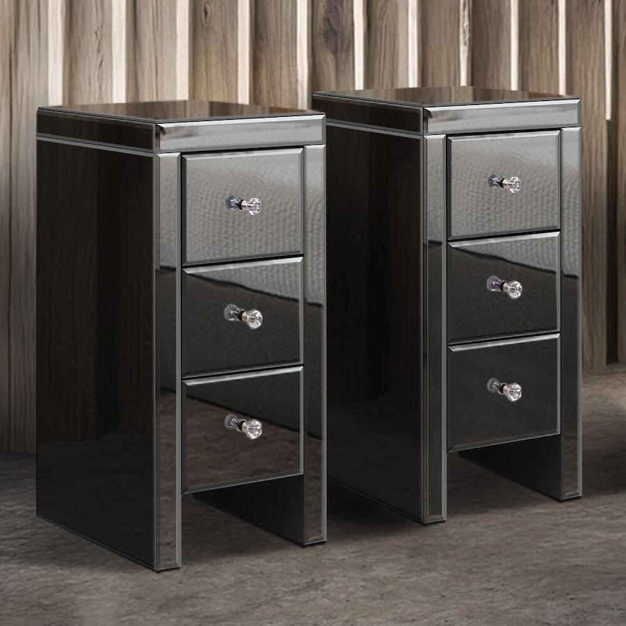 ALFORDSON Set of 2 Bedside Table - Ainsley 3 Drawers Luxury Mirrored Glass Nightstand (Grey)