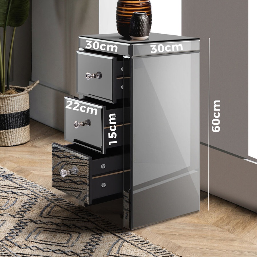 ALFORDSON Set of 2 Bedside Table - Ainsley 3 Drawers Luxury Mirrored Glass Nightstand (Grey)