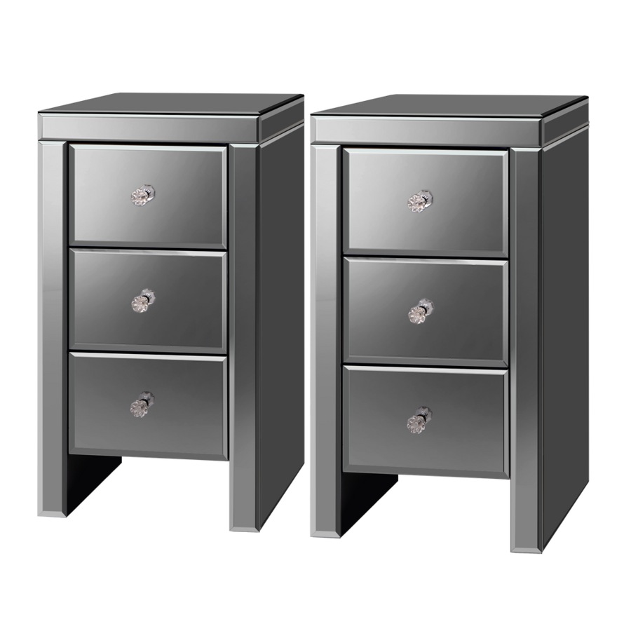 ALFORDSON Set of 2 Bedside Table - Ainsley 3 Drawers Luxury Mirrored Glass Nightstand (Grey)