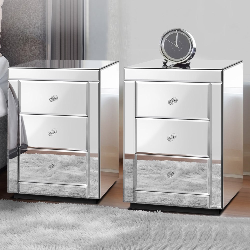 ALFORDSON Set of 2 Bedside Table - Freya 3 Drawers Luxury Mirrored Glass Nightstand (Silver)