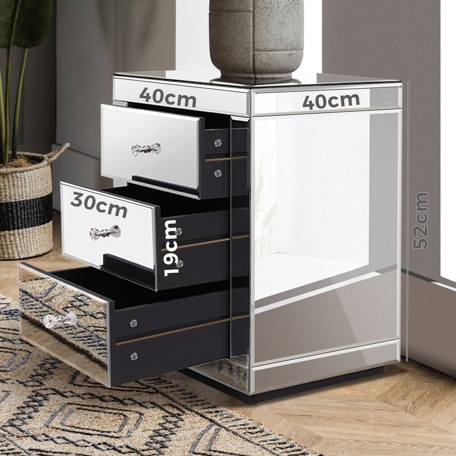 2x ALFORDSON Bedside Table Freya Mirrored Nightstand (Silver)