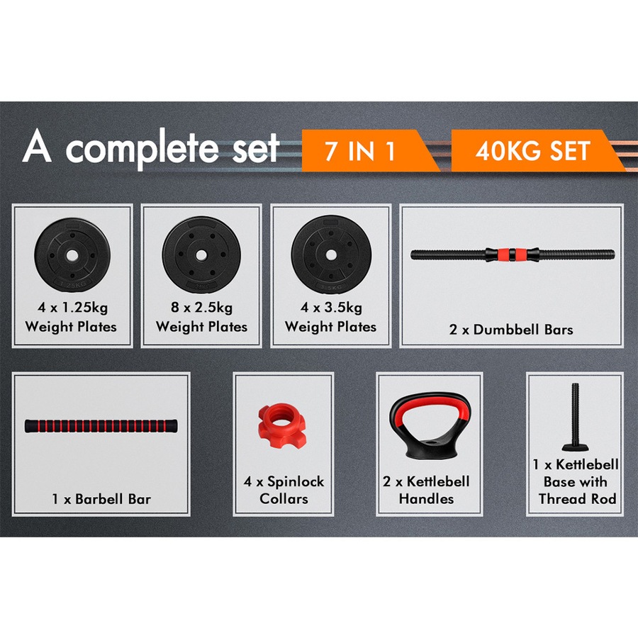 BLACK LORD 40kg Dumbbell Set 7in1 Adjustable Barbell Kettlebell Home Gym Fitness