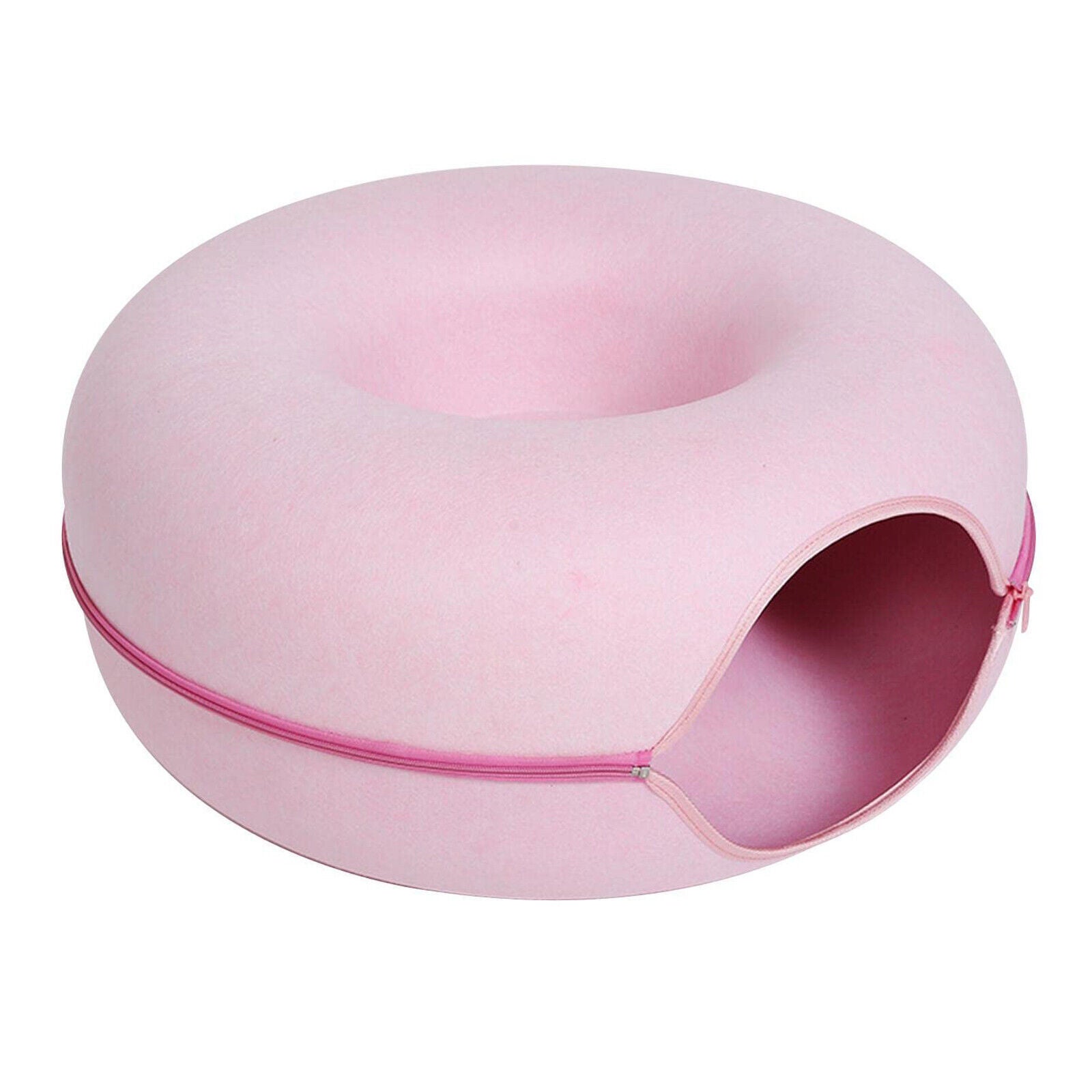 Cat Tunnel Bed Felt Pet Puppy Nest Cave House Round Donut Interactive Play Toy - Large Pink
