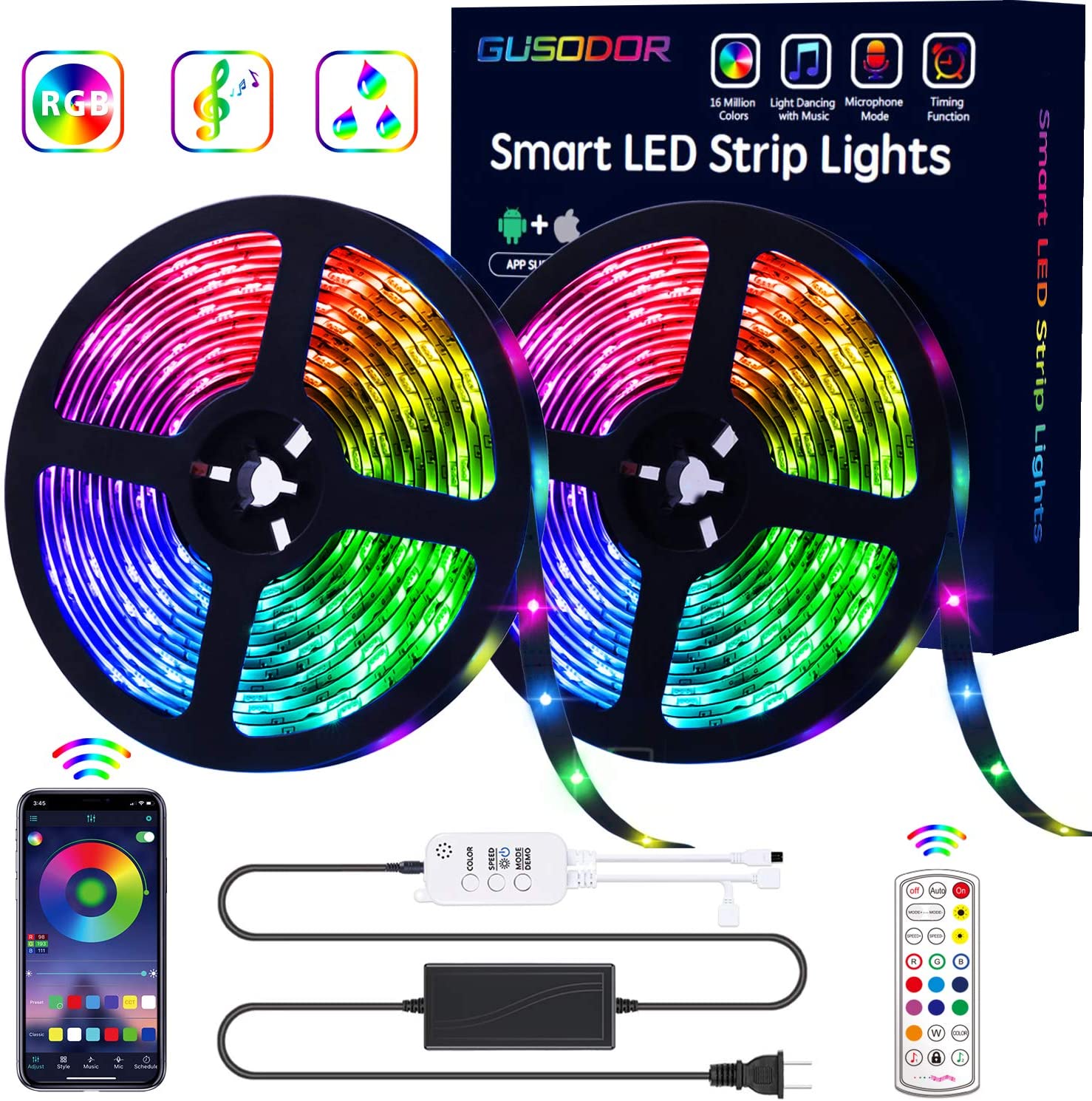 Smart LED Strip Lights - Controllable by Phone Waterproof - Music Sync Color Changing + Bluetooth Controller + 24Key Remote Control Decoration for Home TV Party - APP Controlled