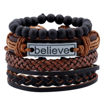 3Pcs Vintage Leather Bracelet Believe Words Charm Multilayer Weave Beaded Bracelet for Men