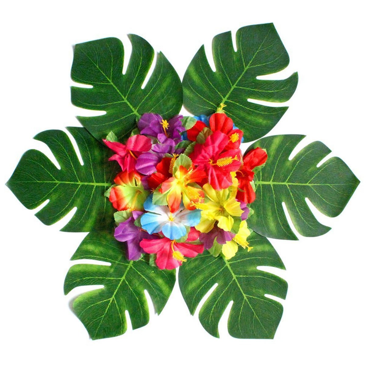 54Pcs/Set Tropical Palm Leaves Hawaiian Hibiscus Artificial Flower Wedding Birthday Party Decoration Table Decorations