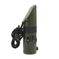 7 In 1 Military Survival Whistle Multi-function Emergency Life Saving Tool Camping Hiking Accessory flashlight Compass - Army Green