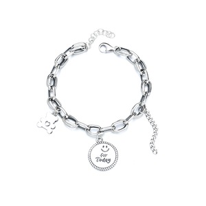 B03 S925 Sterling Silver Girls Bracelet Circle Stitching Chain Bear Pendant Lace Pattern Smiley Face Hand Jewelry Adjustable Bracelet