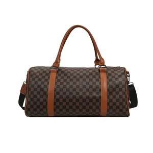 B15 Brown Large-capacity Lattice Duffel Bag Business Trip Boarding Bag Shoulder Bag Portable Pillow Bag Travel Bag