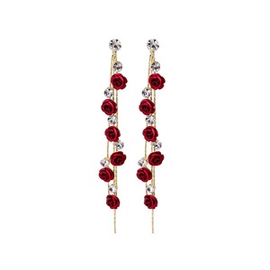 E04 Red Rose Tassel Earrings Korean Style Stud Shiny Ear Jewelry for Girls Women Decorative Party Wedding