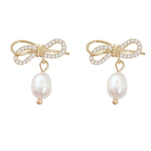 E16 Bowknot Shiny Bead Earrings Earrings Korean Alloy Ear Jewelry for Girls Women Decorative Party Wedding