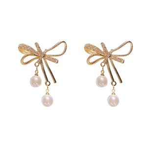 E25 Golden Bow Tassel Earrings Korean Shiny Alloy Ear Jewelry for Girls Women Decorative Party Wedding