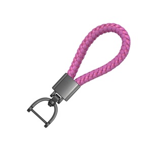 2X High Grade Hand Woven Leather Car KeyChain 360 Degree Rotating Horseshoe Buckle Jewelry Key Rings Holder Genuine Bag Pendant - Pink