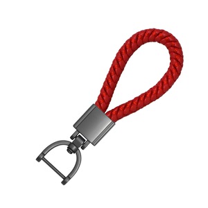 2X High Grade Hand Woven Leather Car KeyChain 360 Degree Rotating Horseshoe Buckle Jewelry Key Rings Holder Genuine Bag Pendant - Red
