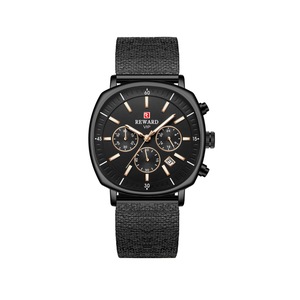 W11 3 Eyes 6 Needles Mesh Strap Sports Watch Luminous Waterproof 24 Hours Calendar Chronograph Watch for Man-Black