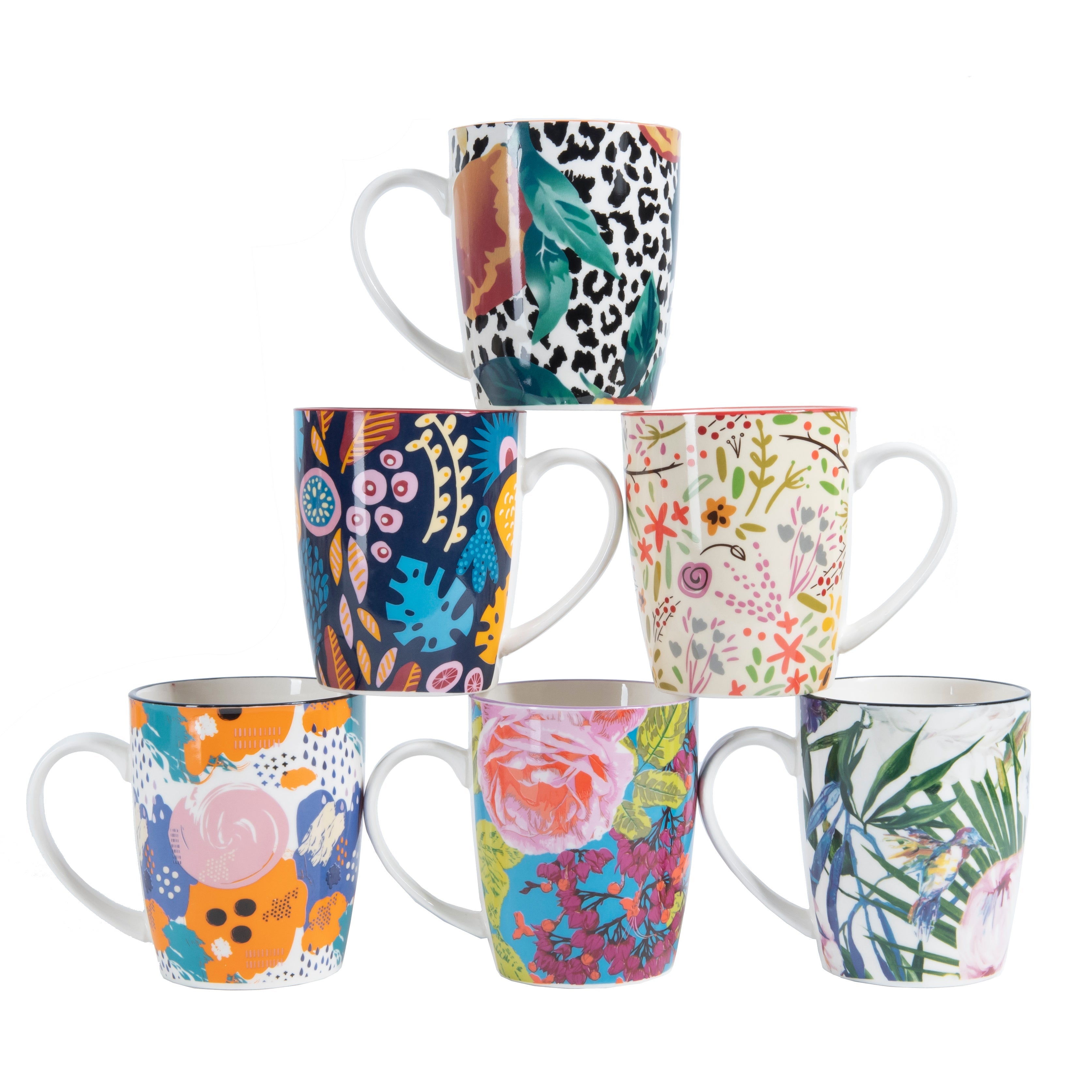 Cooper & Co Set of 6 Floral Ceramic Coffee Mugs Microwave dishwasher freezer safe