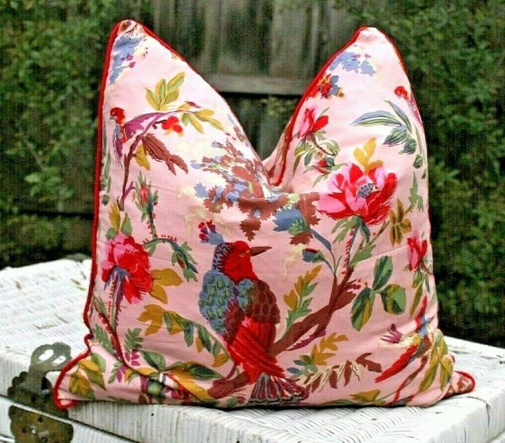 Cushions Retro Style, Vintage Style Floral Cushion Cover, Floral Pillows, Birds and Flowers, Colourful, Pink, Green, Ivory, Black Cushions.