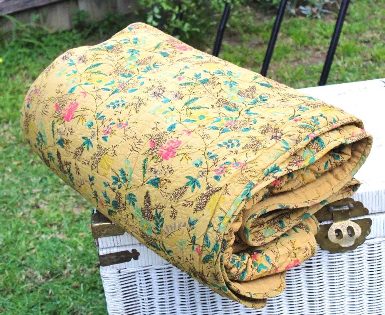 Linen Connections Cotton Floral Quilt Razai Bedspread Handmade Blanket Kantha Boho Linen ConnectionsBedroom Boho Decor