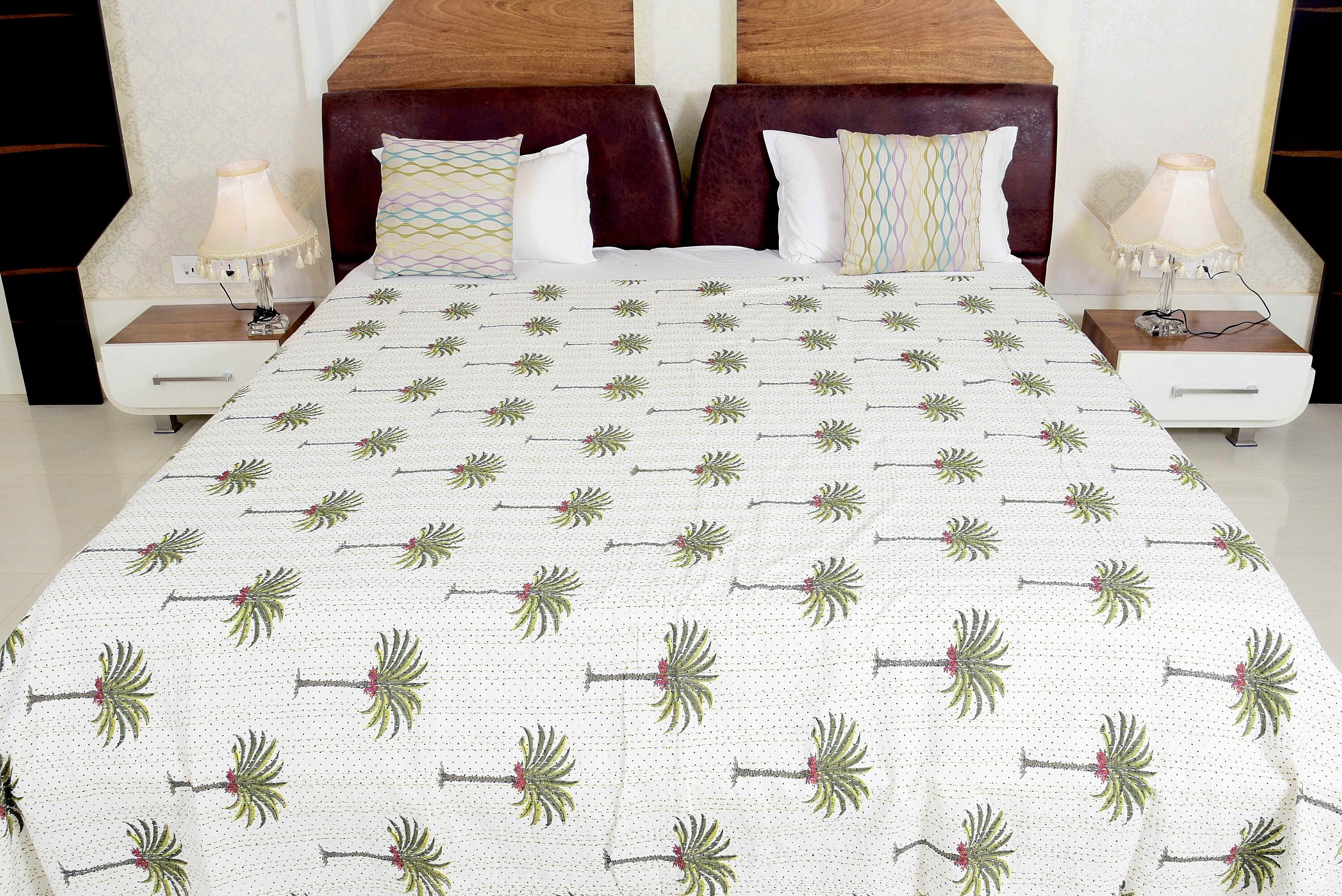 Indian Handmade Kantha Quilt Pineapple Print Bedspread Blanket Throw Cotton Gudr 