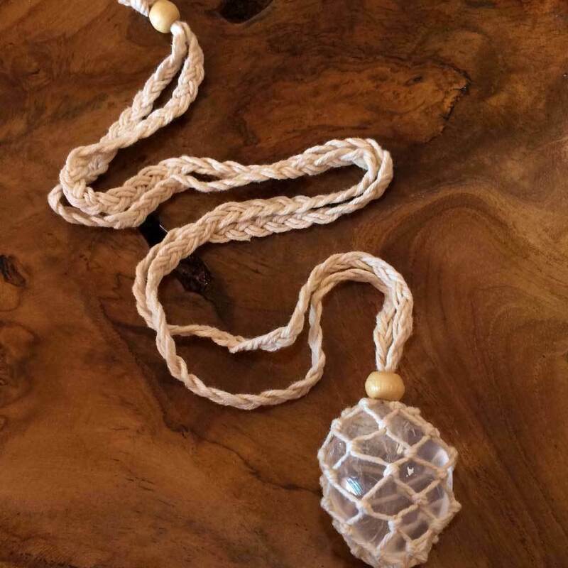 Cream Macrame Crystal Pouch Necklace