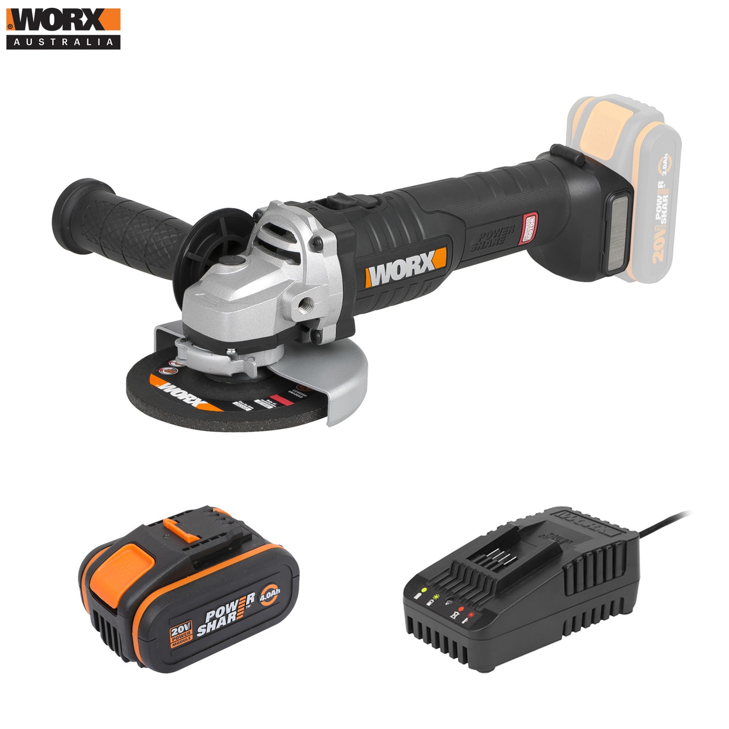 WORX 20V Cordless 125mm Brushless Angle Grinder Kit incl. POWERSHARE Battery / Charger