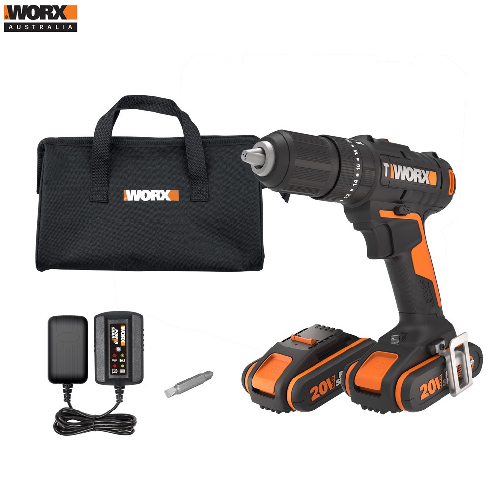 WORX 20V Cordless 13mm Hammer Drill with 2x POWERSHARE Batteries & Charger 