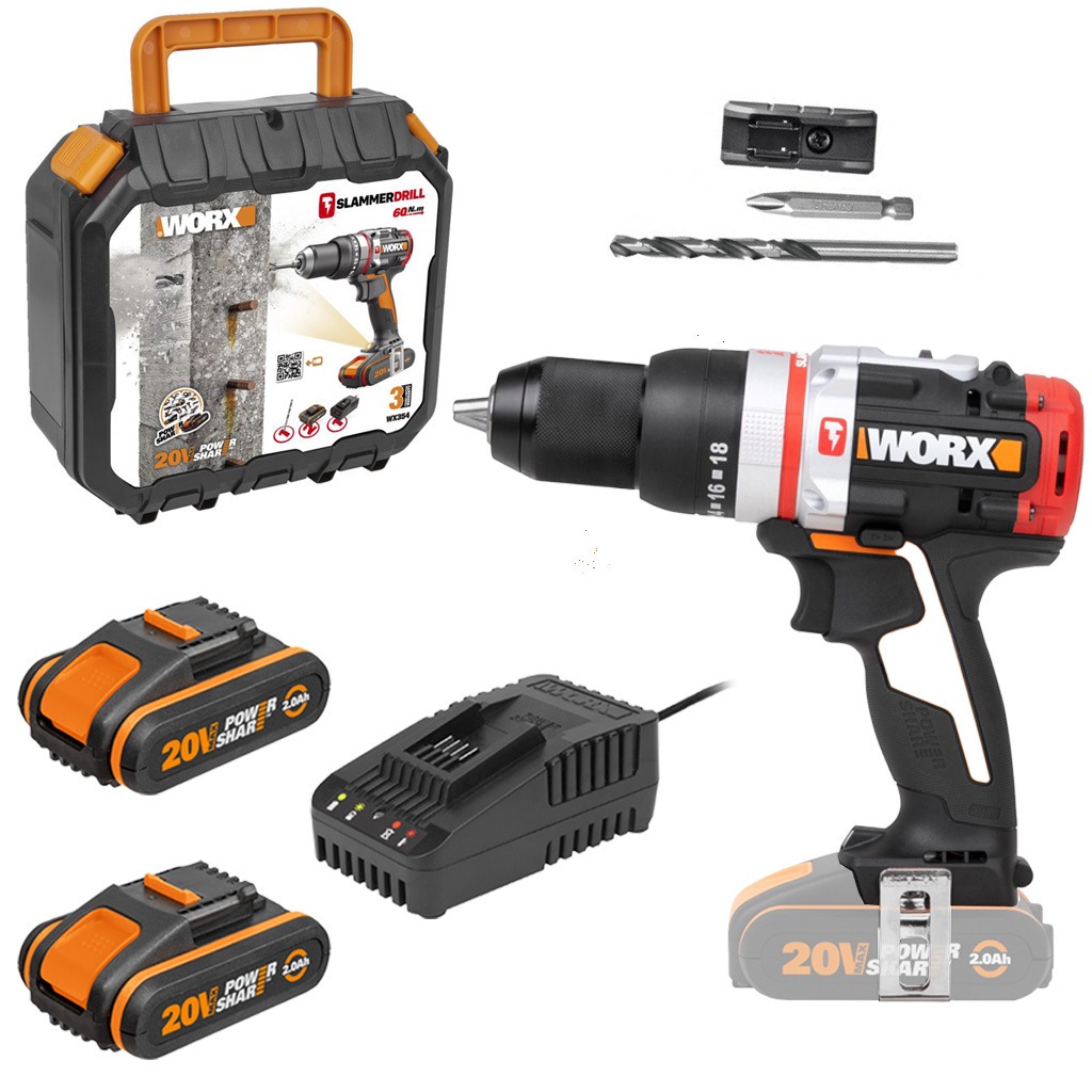 WORX 20V Cordless Brushless 60Nm Active Hammer Drill Driver w/ 2 x POWERSHARE
