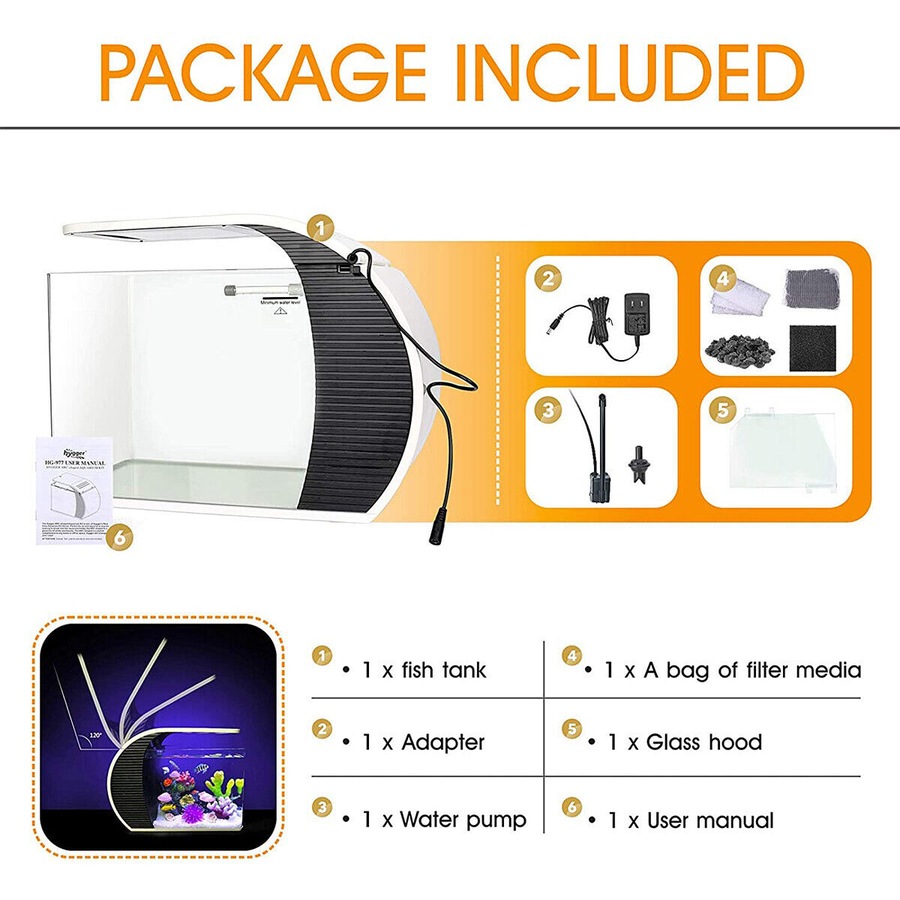 Hygger 23L Arc-Shaped Fish Tank Aquarium w/ Led Lighting, Hidden Filtration Box