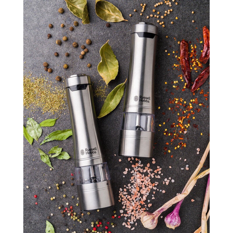 Buy Russell Hobbs Electric 2 Piece Brushed Salt & Pepper Mill Set - MyDeal