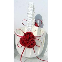 Red Roses Wedding Flower Girl Basket White Satin