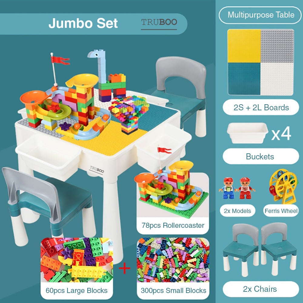 Kids Multi Activity Table Set All-in-One Building Blocks Table with Chairs & Storage Boxes for Toddlers Building Water Table Craft Table Include 500Pcs Compatible Bricks Toy Drawing and Dining 