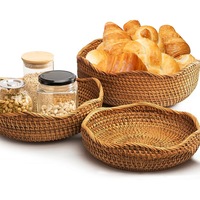 DelSol Handmade Woven Bread Storage Tray Round Rattan Wave Edge Fruit Basket Holder (4 Choice)