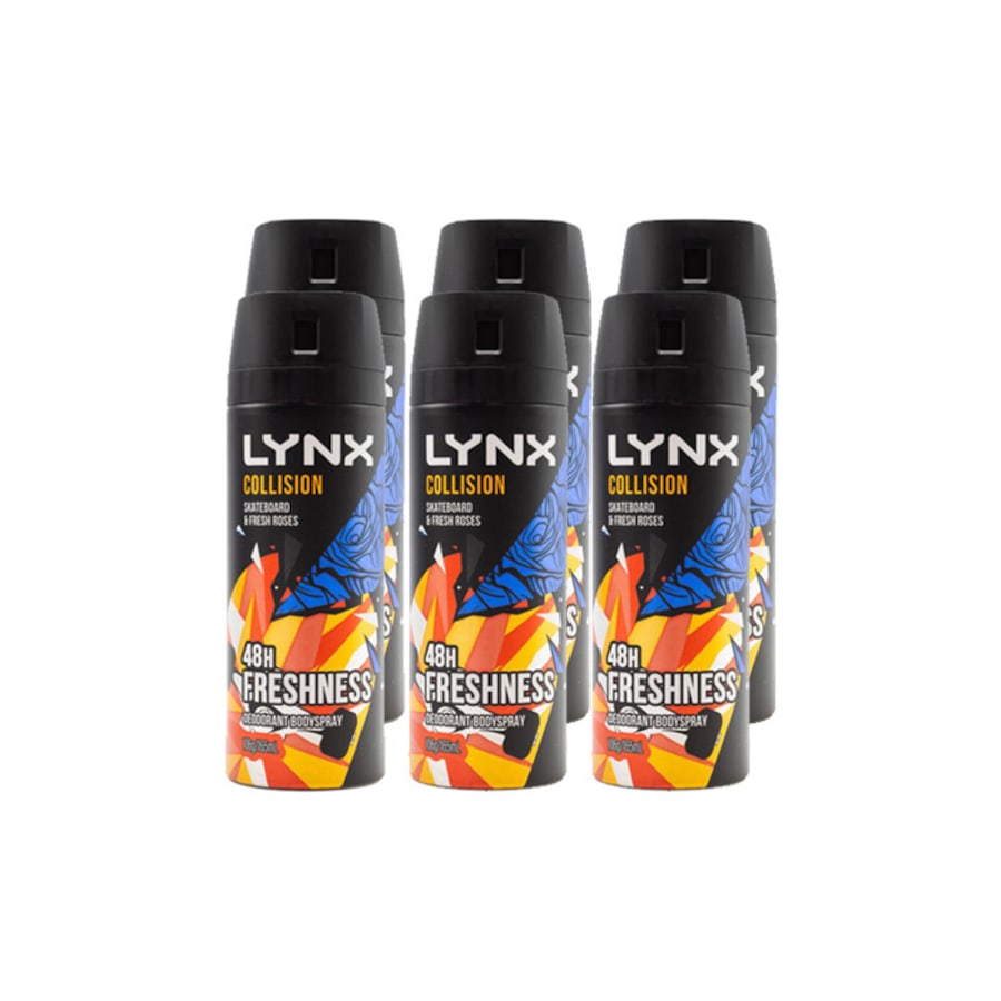 6 x LYNX 165ml DEODORANT BODYSPRAY COLLISION SKATEBOARD AND FRESH ROSE