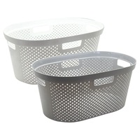 1 x Hudson Oval Laundry Basket Grey 40L Plastic Hamper Clothes Storage Washing Bin Household