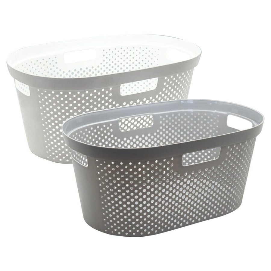 1 x Hudson Oval Laundry Basket White 40L Plastic Hamper Clothes Storage Washing Bin Household