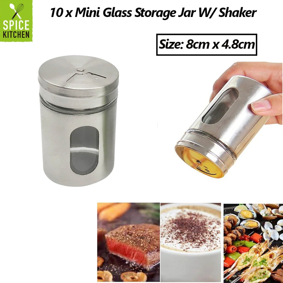 10 x Mini Stainless Steel Glass Storage Jar W/Shaker Herb Spice Salt Storage Jar