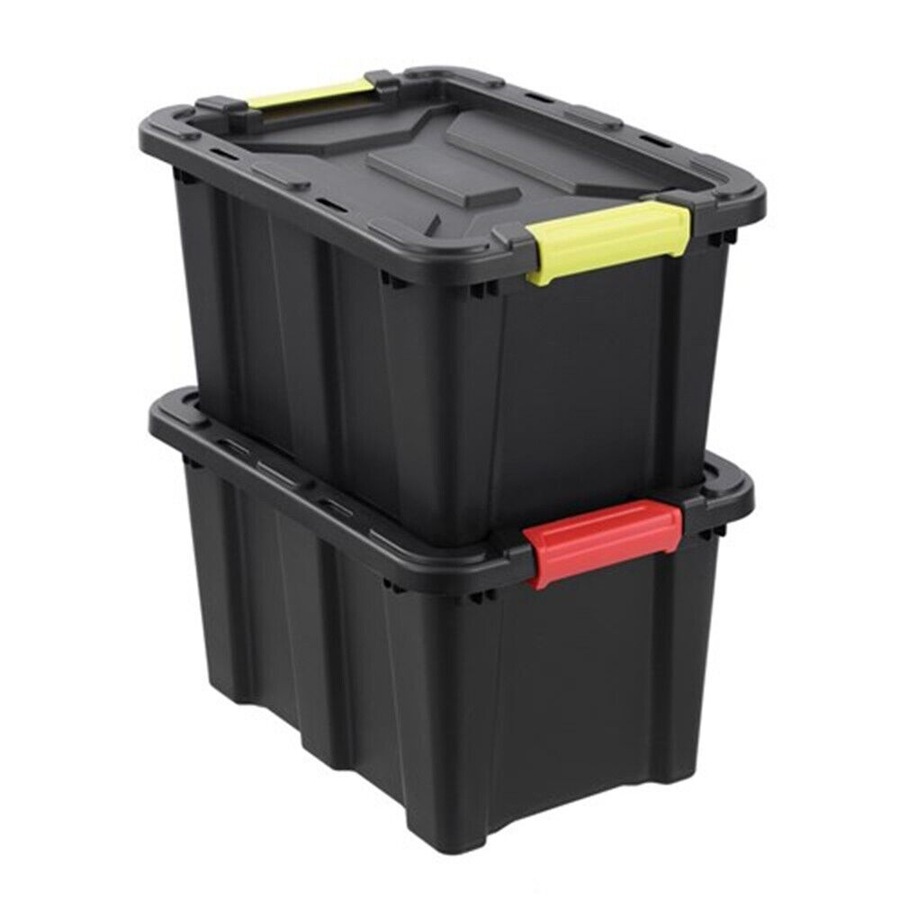 Buy 2 x 25L Heavy Duty Storage Box Black Crate Container Plastic Bins ...