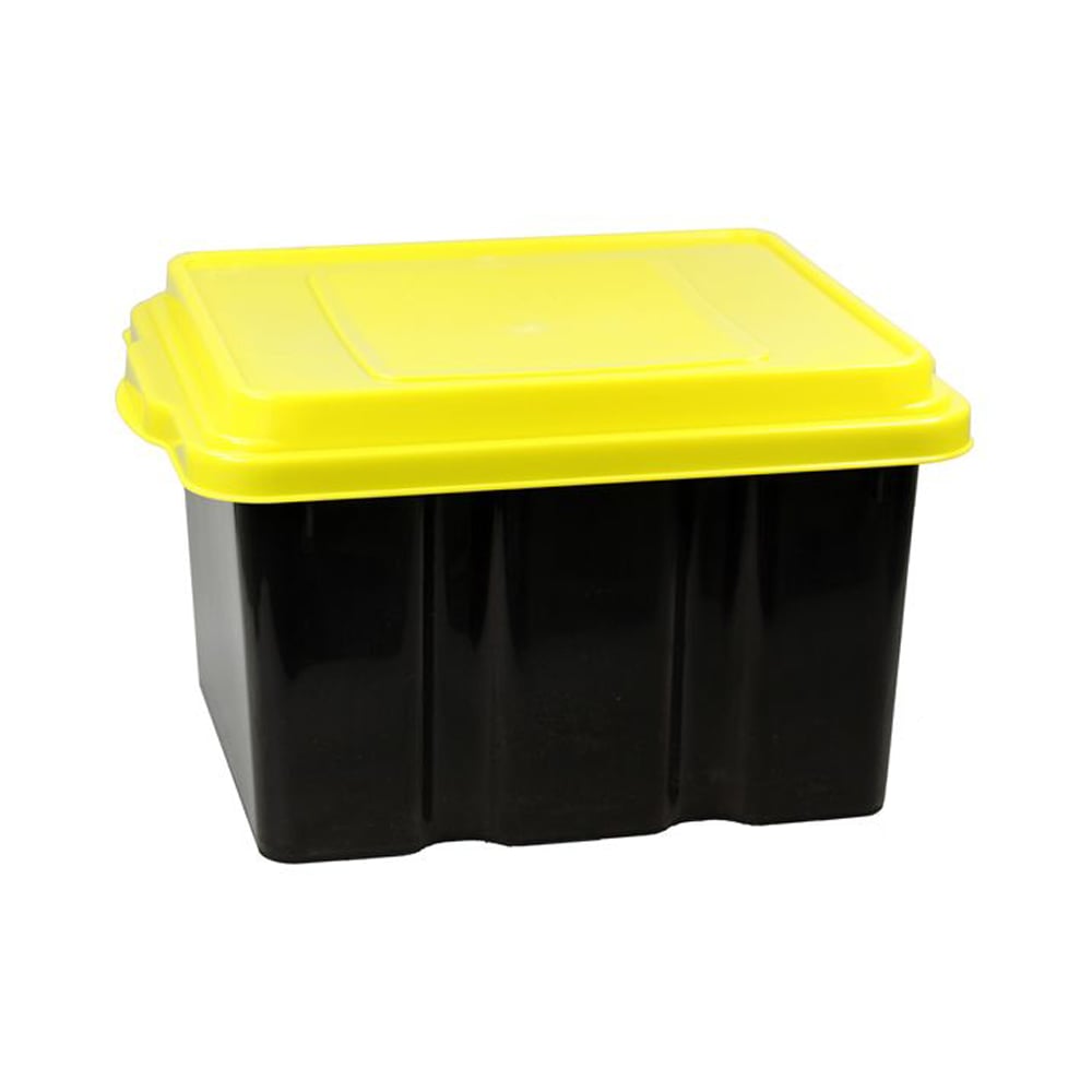 black storage tote with yellow lid