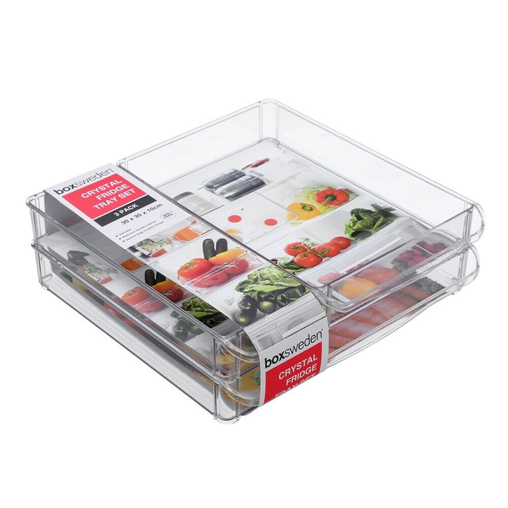 3pc Stackable Acrylic Fridge Tray Set Clear Container Food Storage Organiser