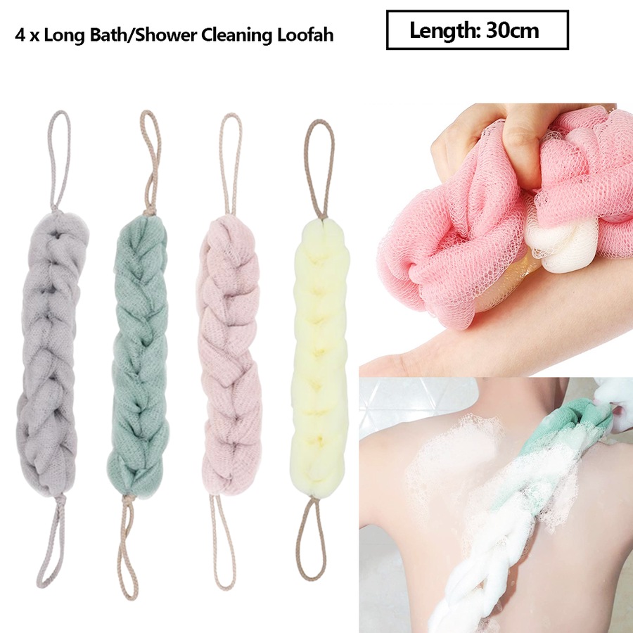 4 x Body Back Shower Loofah Long Bath Sponge Scrubber Spa Exfoliate Puff Brush