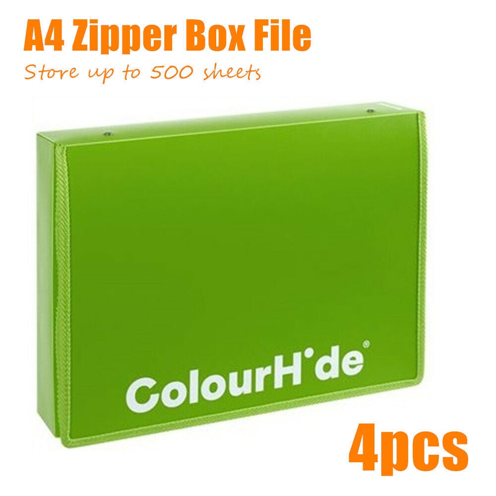 4x A4 Zipper Box File Paper Document Storage Folder Case Office Organiser GRN