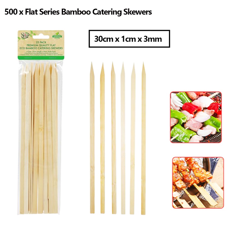 500 x Flat Bamboo Paddle Skewers Wooden Skewer Catering BBQ Kebab Sticks 30cm